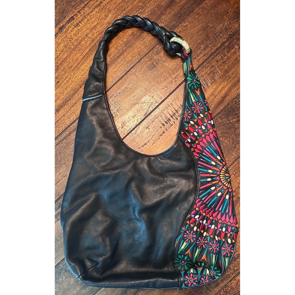 Isabella Fiore Leila Hobo Black Leather Embroidered Mosaic Boho Y2K Shoulder Bag